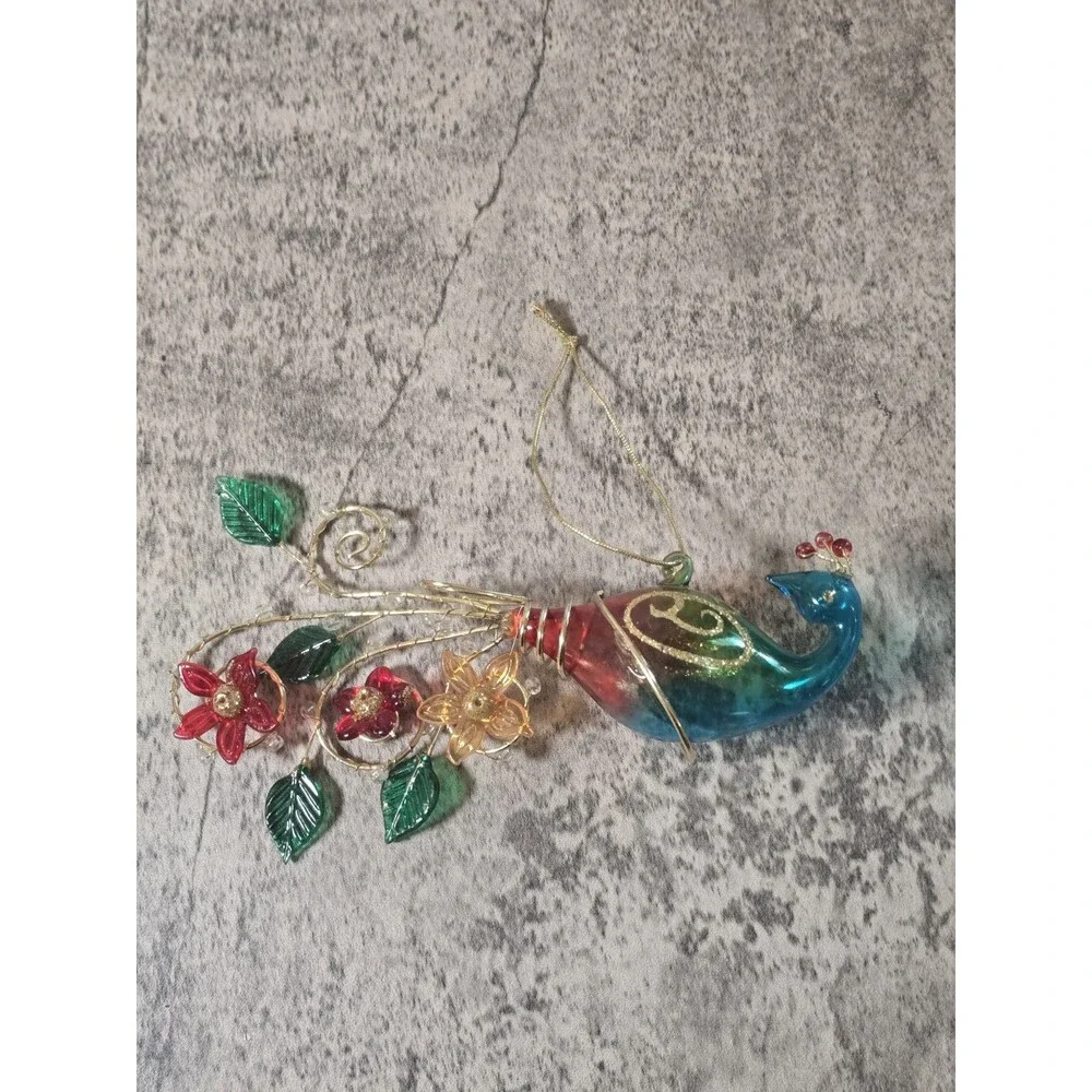 Vintage Blue Green Peacock Blown Glass Christmas Ornament Ornate Tail Nice